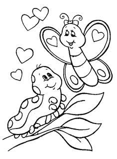 A caterpillar and butterfly valentine colouring page